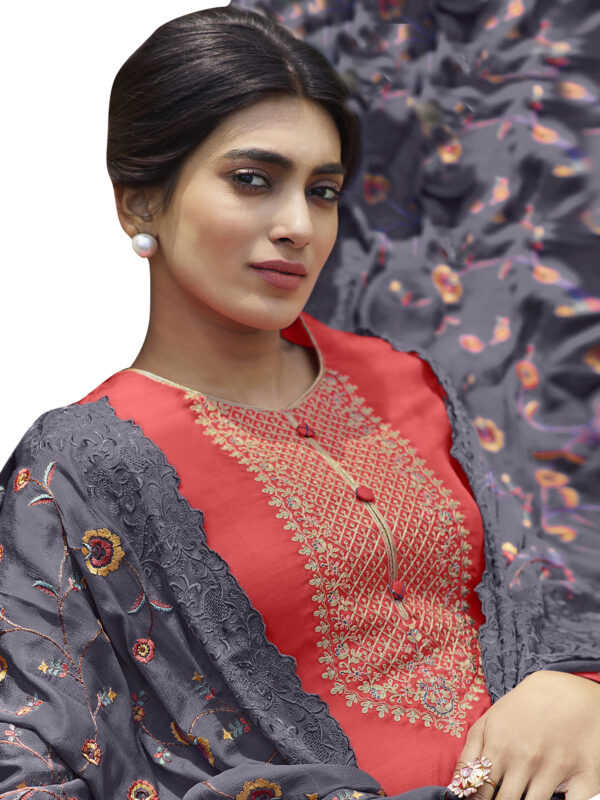 Stylee Lifestyle Coral Tussar Silk Embroidered Dress Material