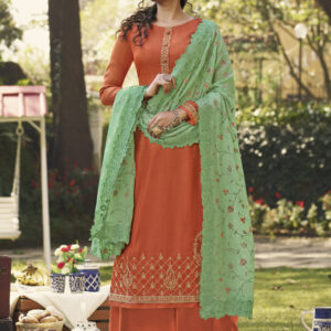 Stylee Lifestyle Orange Tussar Silk Embroidered Dress Material