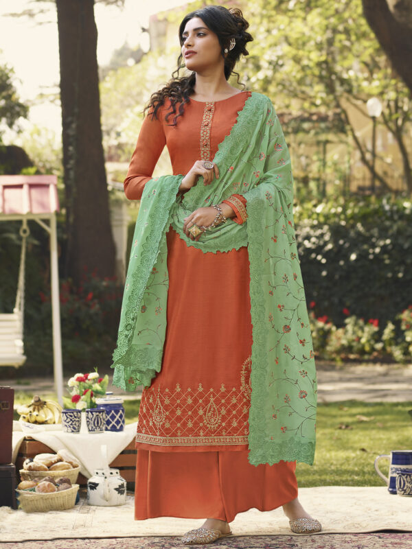 Stylee Lifestyle Orange Tussar Silk Embroidered Dress Material