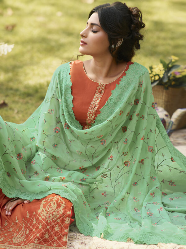 Stylee Lifestyle Orange Tussar Silk Embroidered Dress Material