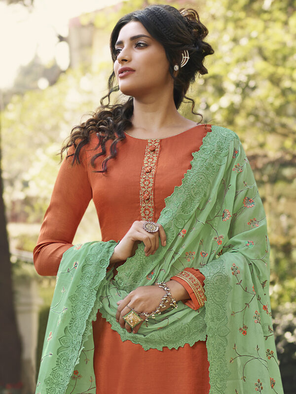 Stylee Lifestyle Orange Tussar Silk Embroidered Dress Material