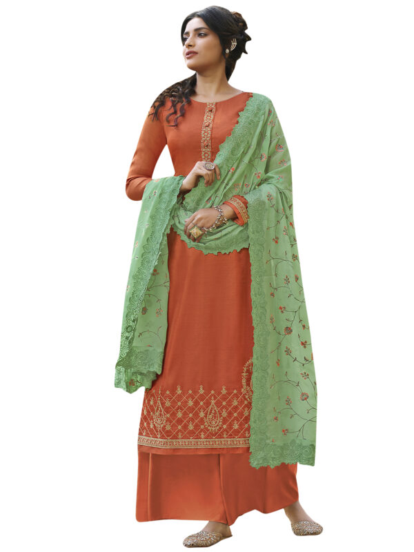 Stylee Lifestyle Orange Tussar Silk Embroidered Dress Material