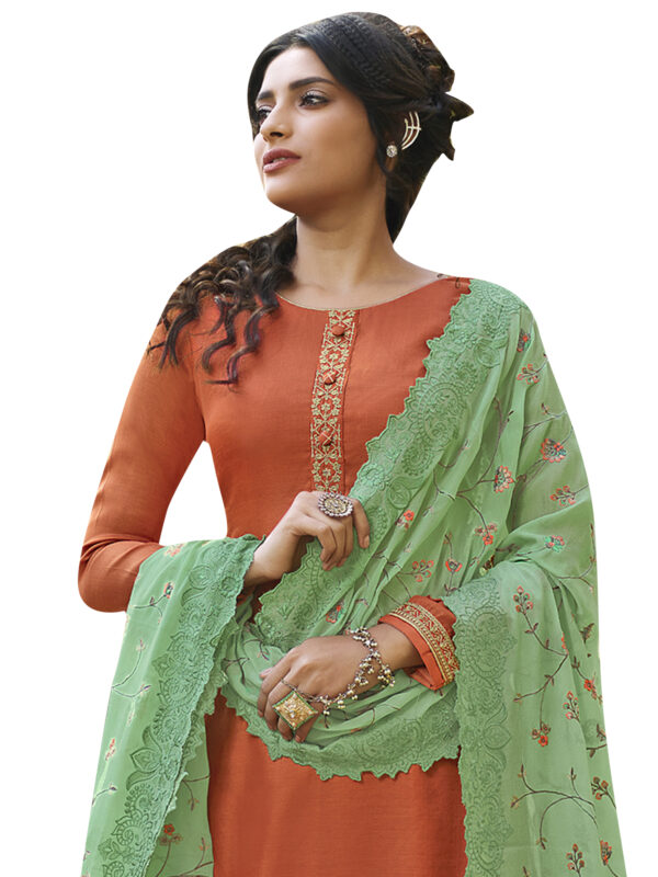 Stylee Lifestyle Orange Tussar Silk Embroidered Dress Material