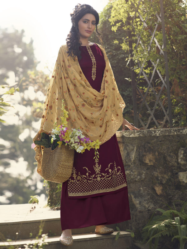 Stylee Lifestyle Wine Tussar Silk Embroidered Dress Material