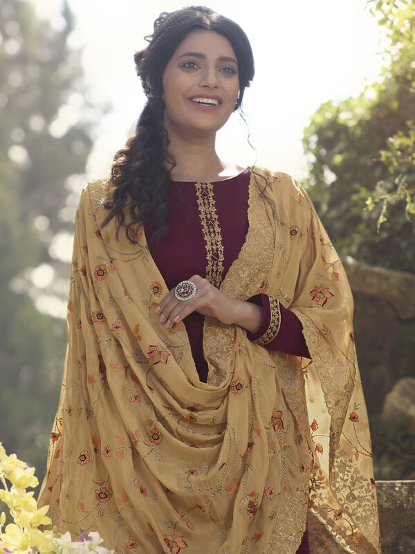 Stylee Lifestyle Wine Tussar Silk Embroidered Dress Material