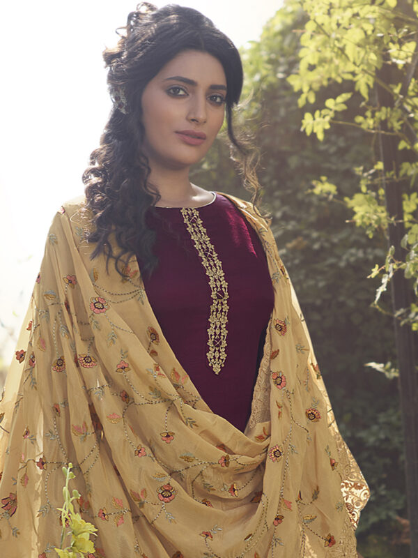 Stylee Lifestyle Wine Tussar Silk Embroidered Dress Material