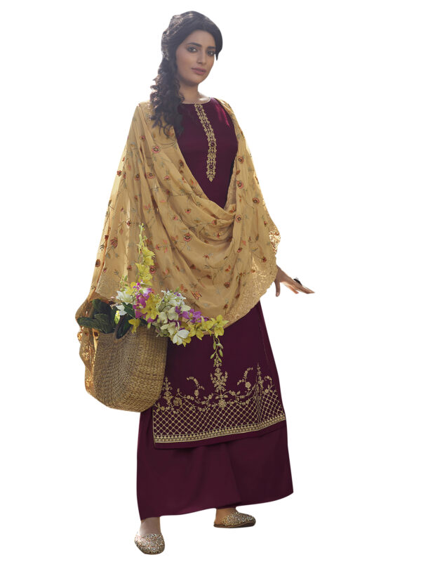 Stylee Lifestyle Wine Tussar Silk Embroidered Dress Material