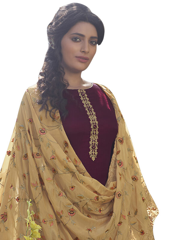 Stylee Lifestyle Wine Tussar Silk Embroidered Dress Material