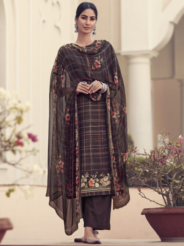 Stylee Lifestyle Brown Jam Satin Embroidered Dress Material