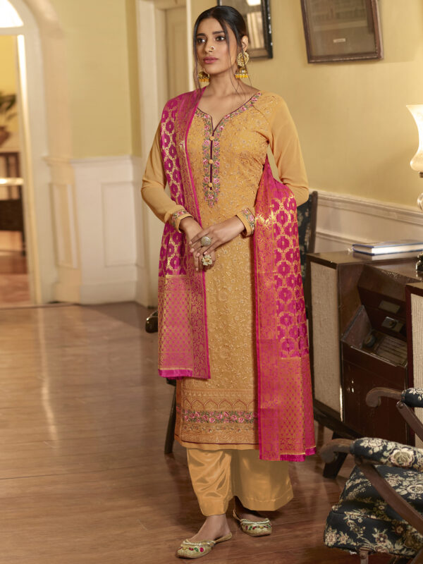 Stylee Lifestyle Yellow Georgette Embroidered Dress Material