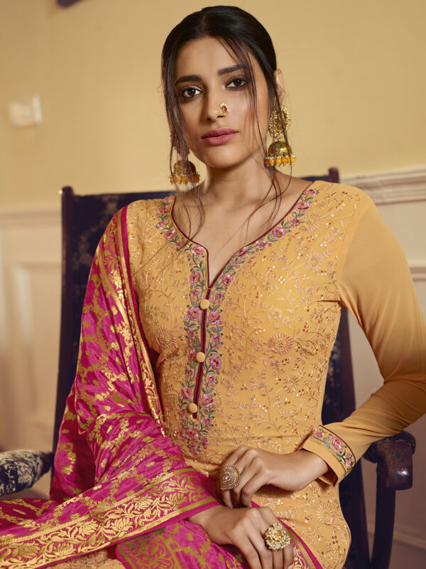 Stylee Lifestyle Yellow Georgette Embroidered Dress Material