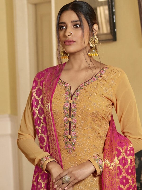 Stylee Lifestyle Yellow Georgette Embroidered Dress Material