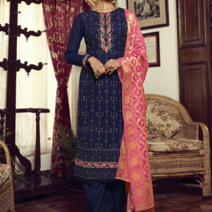 Stylee Lifestyle Navy Blue Georgette Embroidered Dress Material