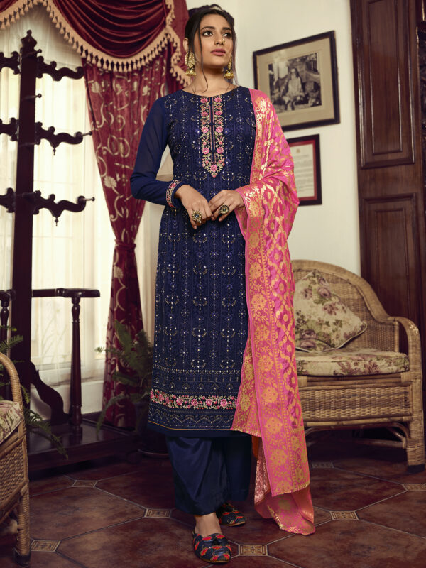 Stylee Lifestyle Navy Blue Georgette Embroidered Dress Material