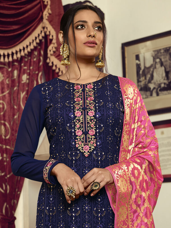 Stylee Lifestyle Navy Blue Georgette Embroidered Dress Material