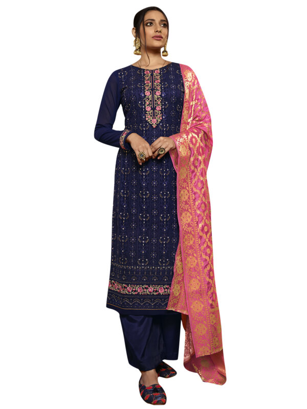 Stylee Lifestyle Navy Blue Georgette Embroidered Dress Material