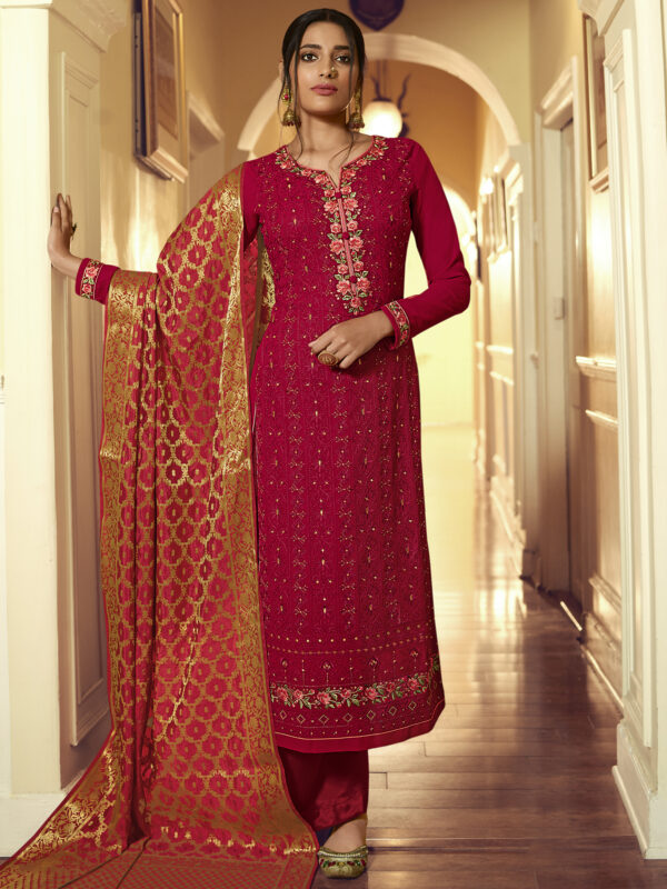 Stylee Lifestyle Red Georgette Embroidered Dress Material