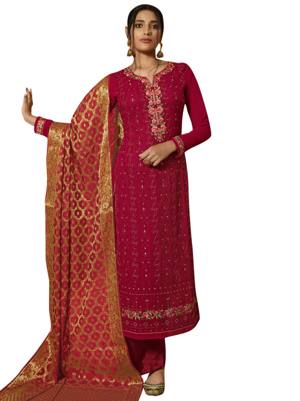 Stylee Lifestyle Red Georgette Embroidered Dress Material