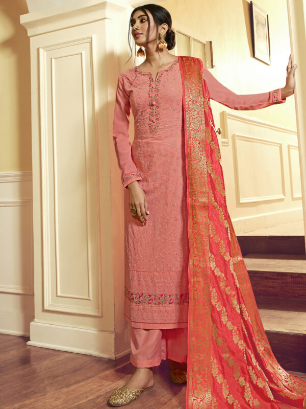 Stylee Lifestyle Pink Georgette Embroidered Dress Material