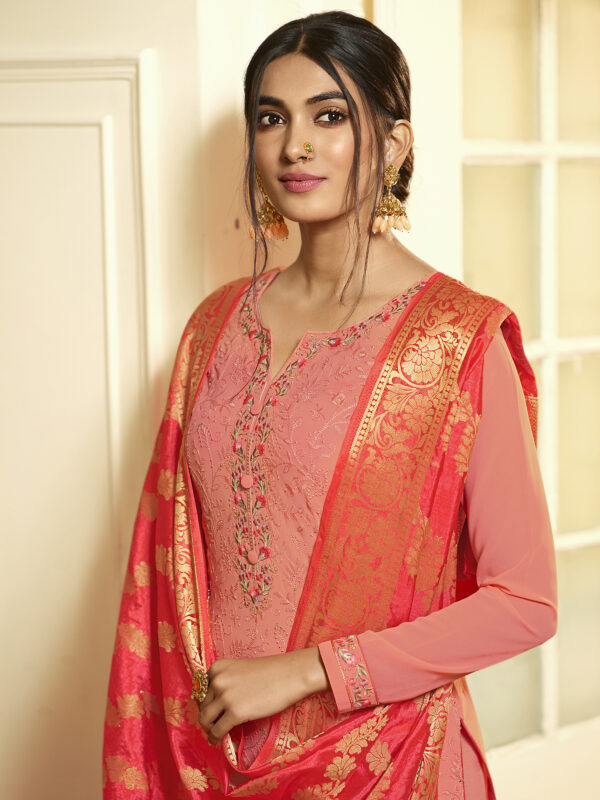 Stylee Lifestyle Pink Georgette Embroidered Dress Material