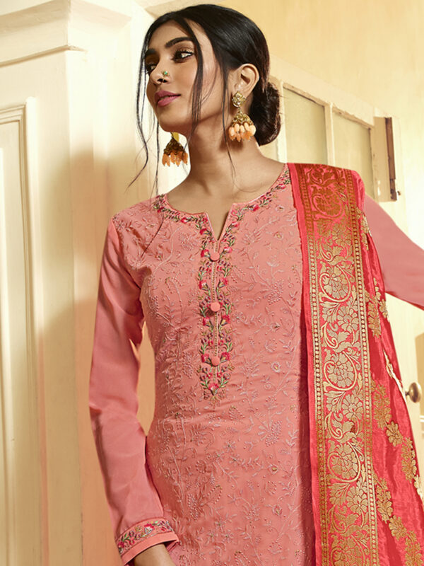 Stylee Lifestyle Pink Georgette Embroidered Dress Material