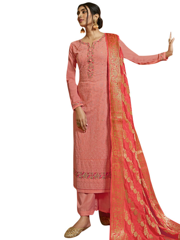 Stylee Lifestyle Pink Georgette Embroidered Dress Material