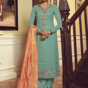 Stylee Lifestyle Turquoise Georgette Embroidered Dress Material