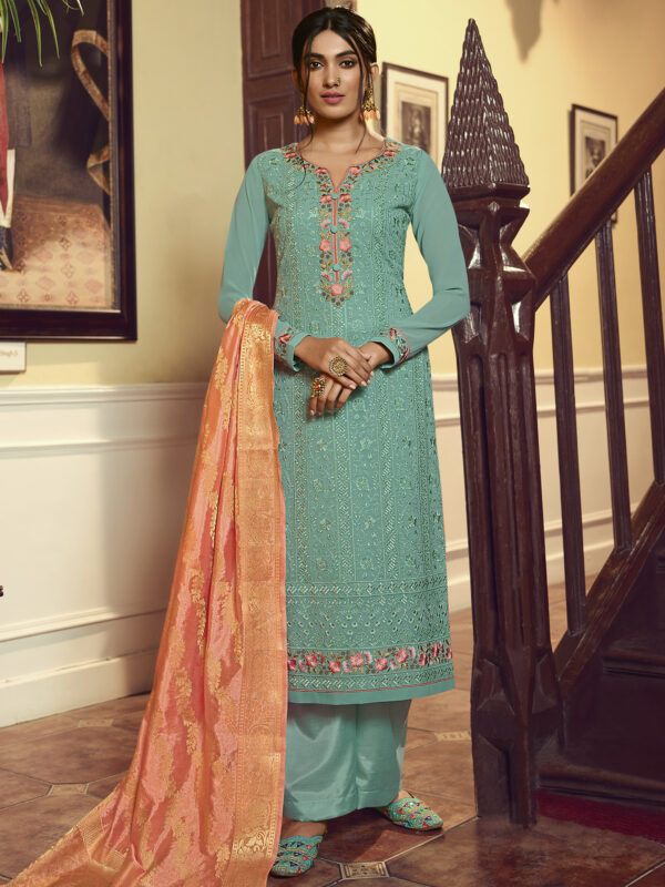 Stylee Lifestyle Turquoise Georgette Embroidered Dress Material