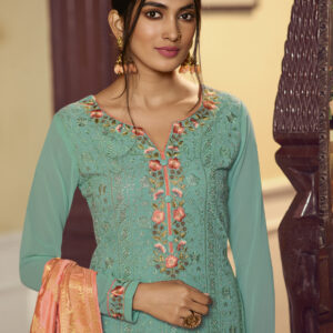 Stylee Lifestyle Turquoise Georgette Embroidered Dress Material