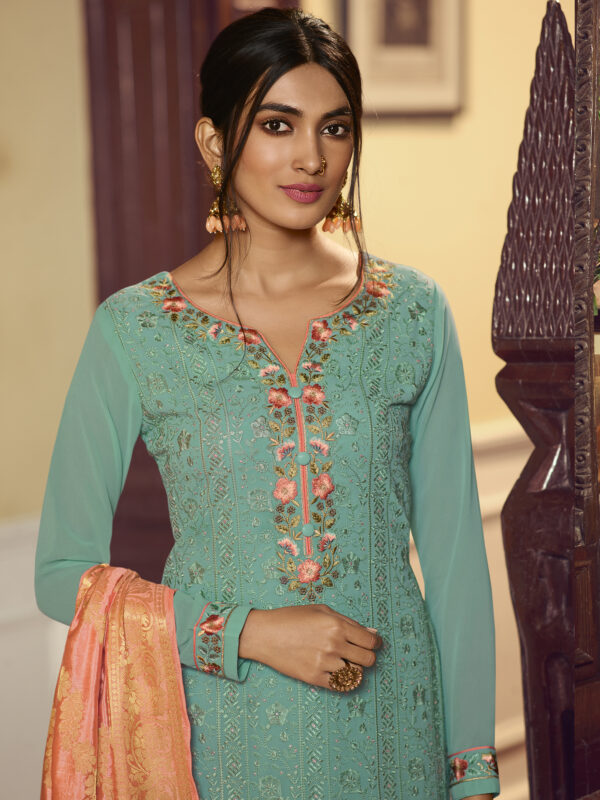 Stylee Lifestyle Turquoise Georgette Embroidered Dress Material