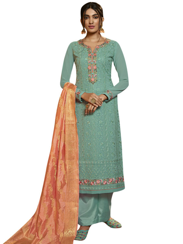 Stylee Lifestyle Turquoise Georgette Embroidered Dress Material