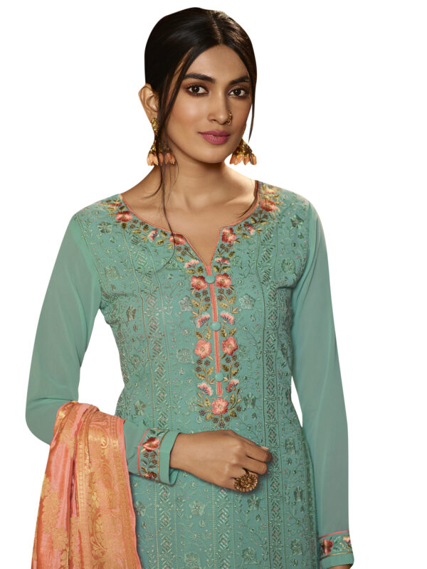 Stylee Lifestyle Turquoise Georgette Embroidered Dress Material