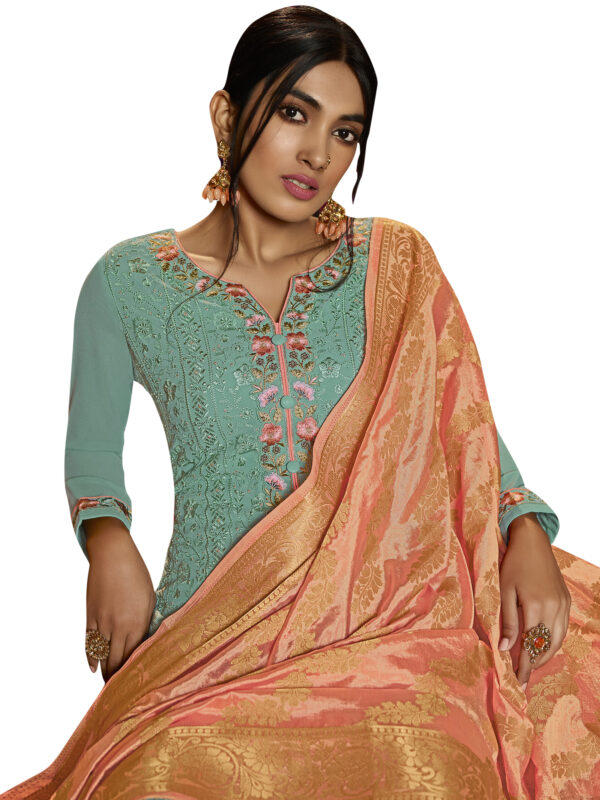 Stylee Lifestyle Turquoise Georgette Embroidered Dress Material