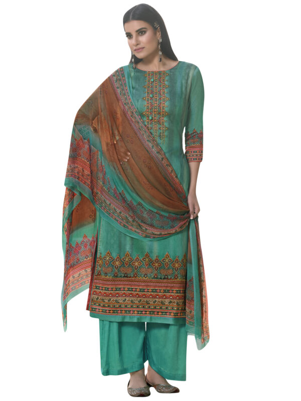 Stylee Lifestyle Green Jam Satin Printed Dress Material