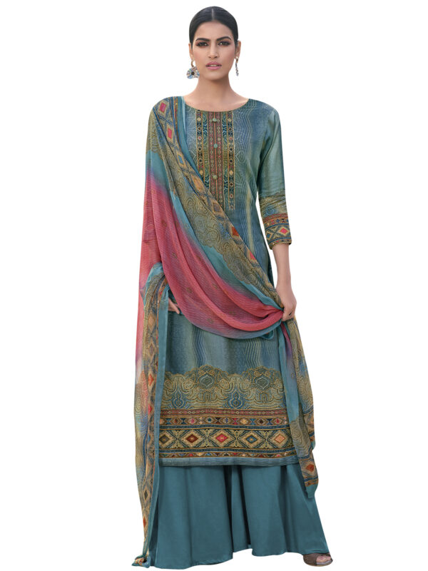 Stylee Lifestyle Blue Jam Satin Printed Dress Material