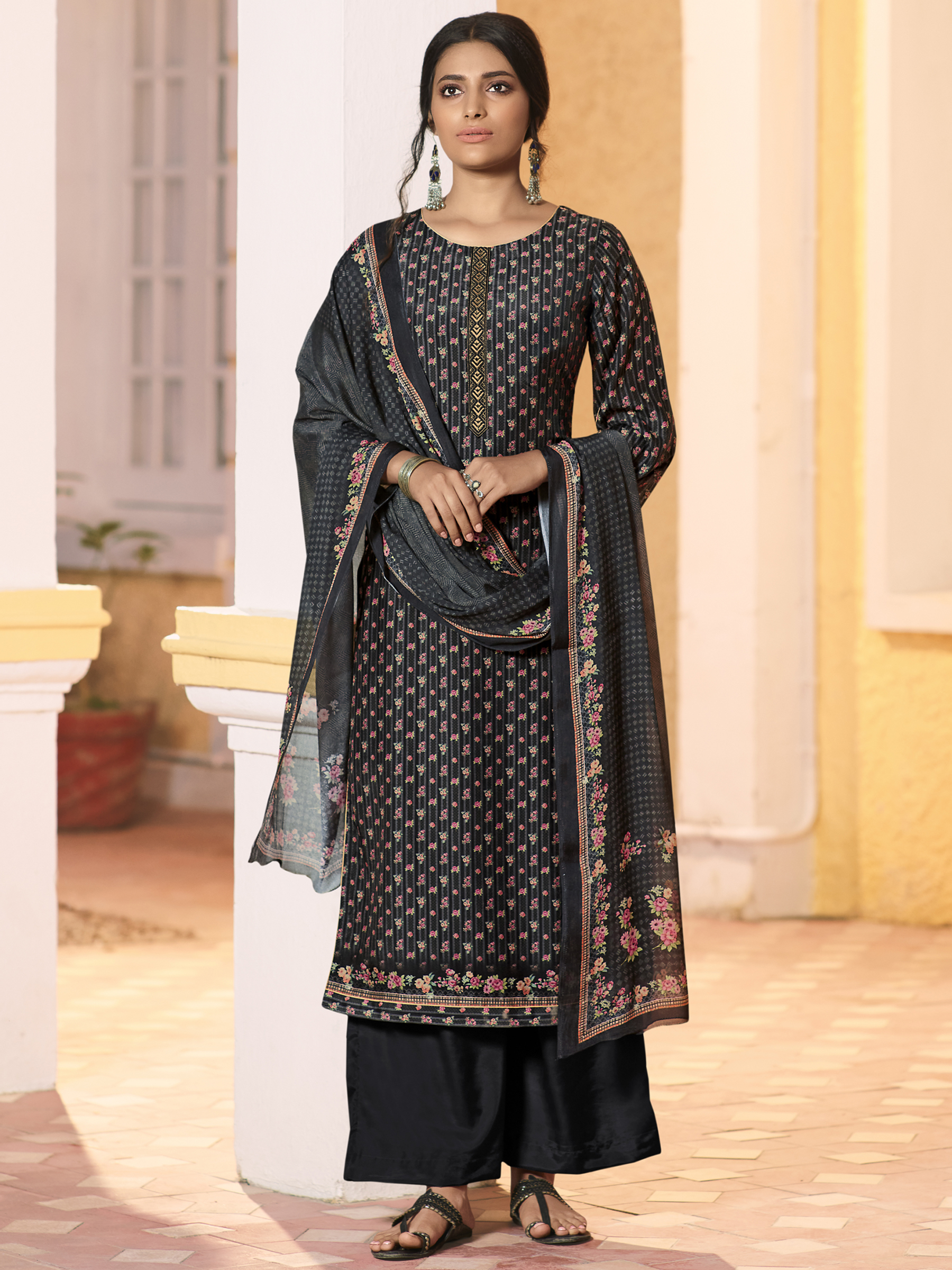 Heavy Embroidered Black Semi Stitched Dress Material