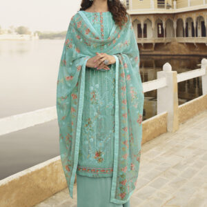 Stylee Lifestyle Sky Blue Georgette Embroidered Dress Material