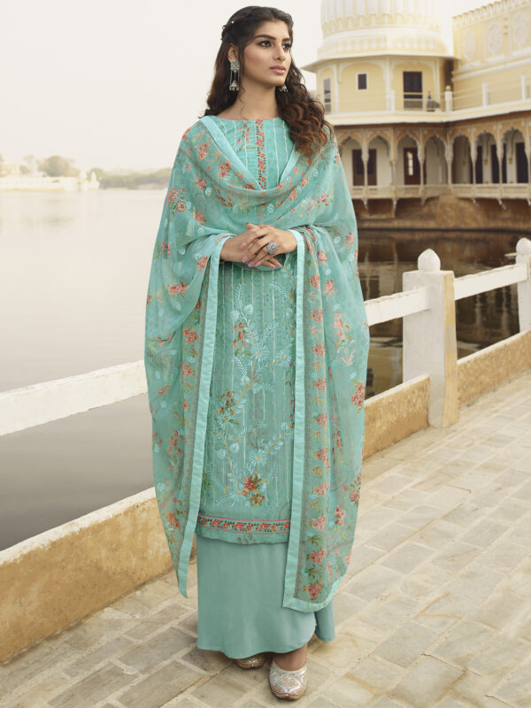 Stylee Lifestyle Sky Blue Georgette Embroidered Dress Material