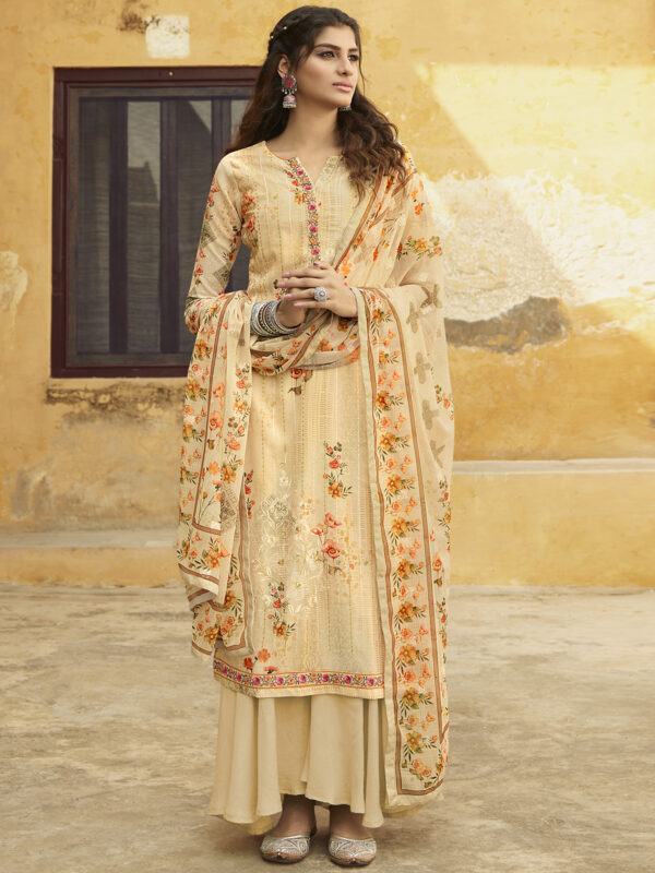 Stylee Lifestyle Beige Georgette Embroidered Dress Material