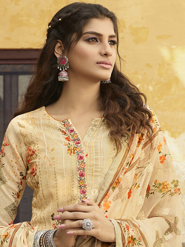 Stylee Lifestyle Beige Georgette Embroidered Dress Material