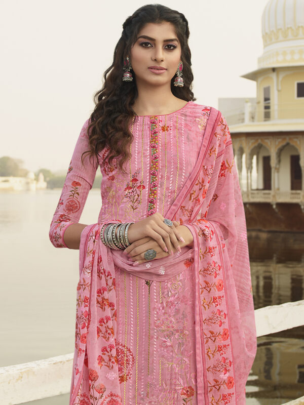 Stylee Lifestyle Pink Georgette Embroidered Dress Material