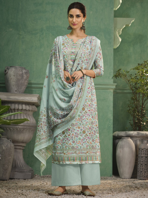 Turquoise Jam Satin Printed Dress Material – ElegantFashionWear.in