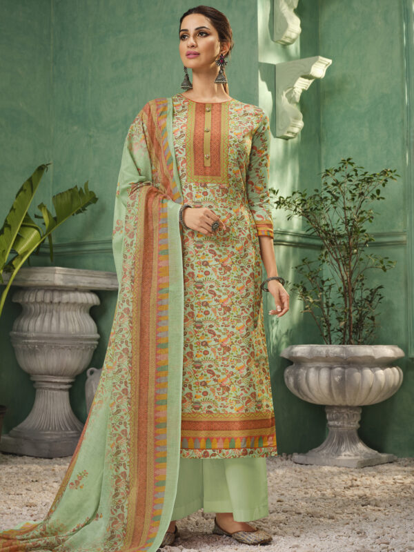 Stylee Lifestyle Green Jam Satin Printed Dress Material