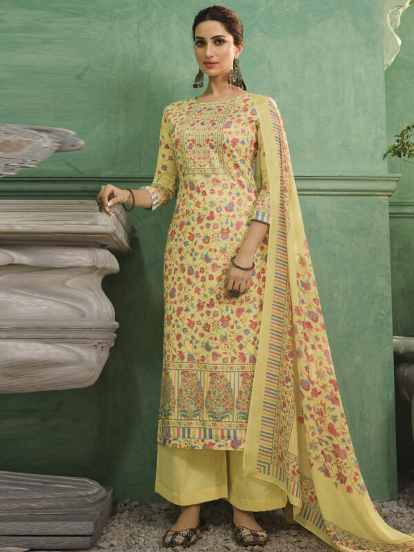 Stylee Lifestyle Yellow Jam Satin Printed Dress Material