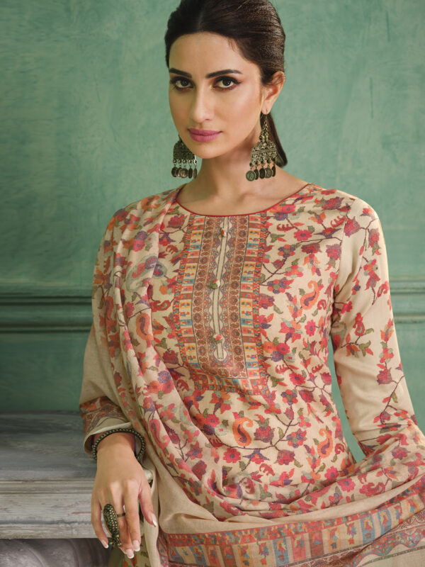 Stylee Lifestyle Beige Jam Satin Printed Dress Material