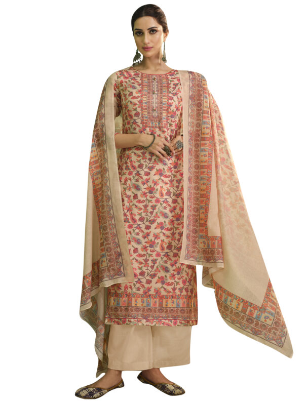 Stylee Lifestyle Beige Jam Satin Printed Dress Material