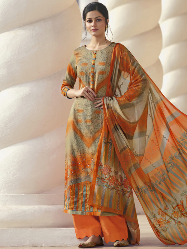 Stylee Lifestyle Orange Jam Satin Printed Dress Material