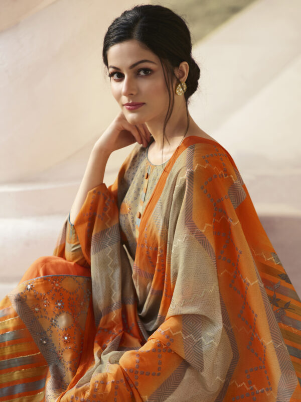 Stylee Lifestyle Orange Jam Satin Printed Dress Material