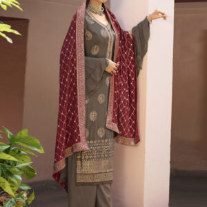 Stylee Lifestyle Grey Chinon Chiffon Embroidered Dress Material