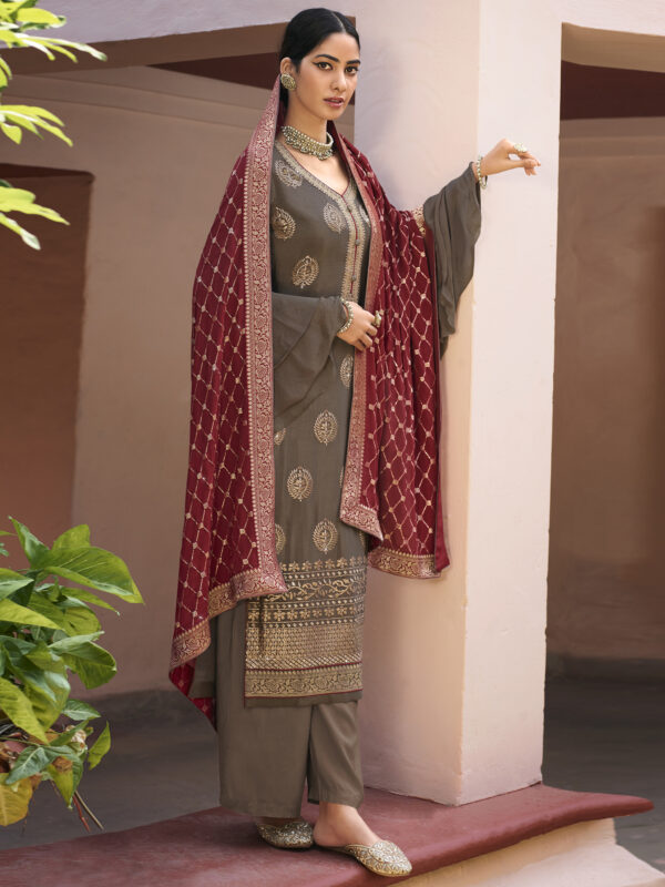 Stylee Lifestyle Grey Chinon Chiffon Embroidered Dress Material